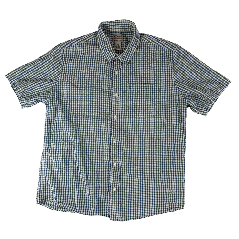 L.L. Bean Button Down Shirt Mens Large Seersucker Gingham Organic Cotton 510008